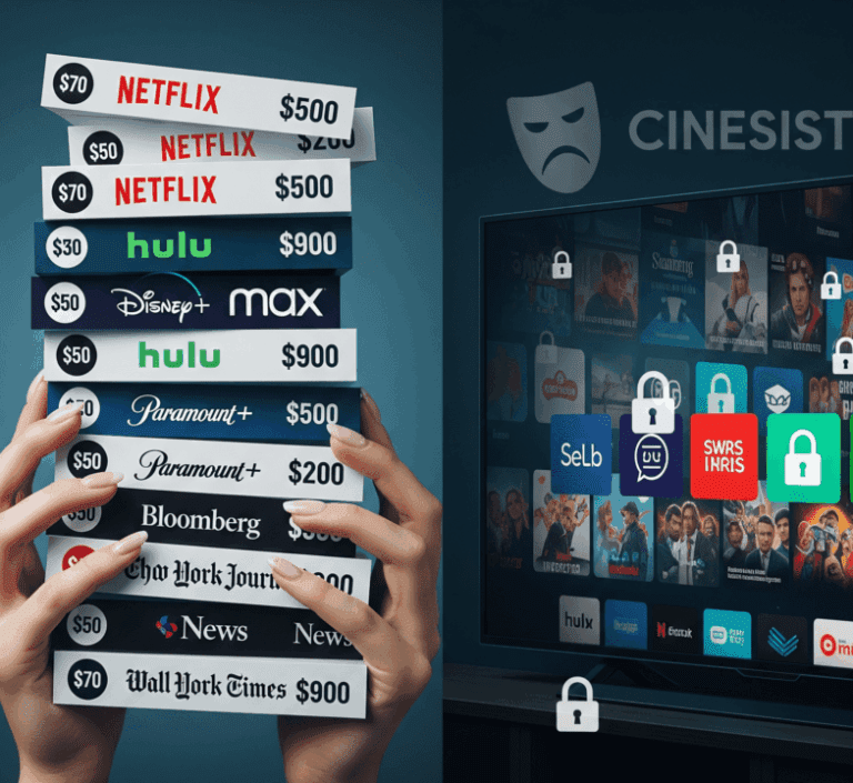 Hands struggling to hold a tall stack of digital bills with streaming service and news outlet logos like Netflix, HBO Max, NYT, and WSJ, against a background of a cluttered TV screen with app icons and padlocks. A Cinesist grumpy mask logo is in the corner.