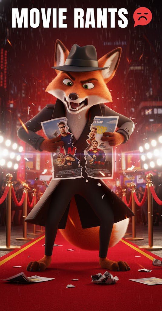 Black Spy Cinefox trampling the red carpet, ripping up a movie poster, while surrounded by paparazzi that seem to make hi even more angry! Used to represent the Movie Rants Category on Cinesist.com