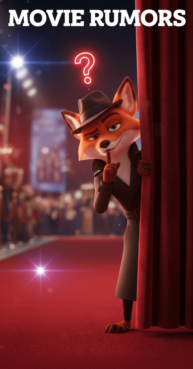 Black Spy Cinefox peeking around the Curtain, on the red carpet, as if he has the next lead on the juiciest rumor. Used to represent the Movie Rumors Category on Cinesist.com