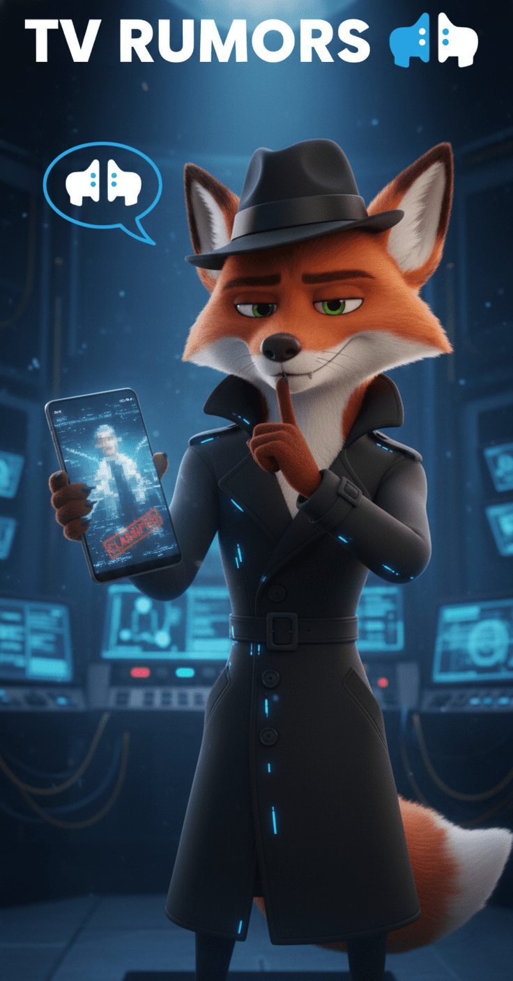 Black Spy Cinefox, in the Broadcast Studio holding his phone with a leak on the screen and his finger up to his lips, shushing the reader, because he is about to disrupt the TV Series. Used to represent the TV Runors Category on Cinesist.com
