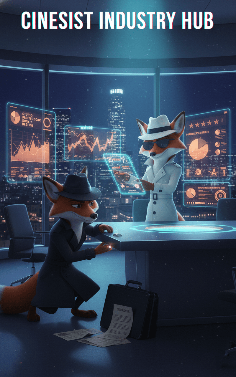 White Spy and Black Spy Cinefox in an Executive Boardroom setting. White Spy is making a digital deal, while Black Spy is planting a listening device to get the drop on the behind the scenes. Used to represent the Industry Hub on Cinesist.com