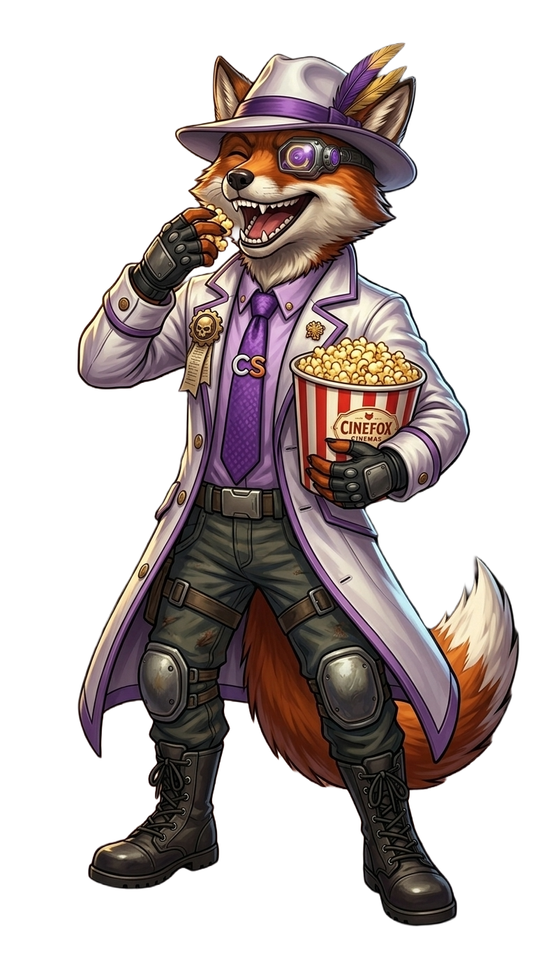 Cinefox The Inquisitor Standing and eating a large tub of movie popcorn.