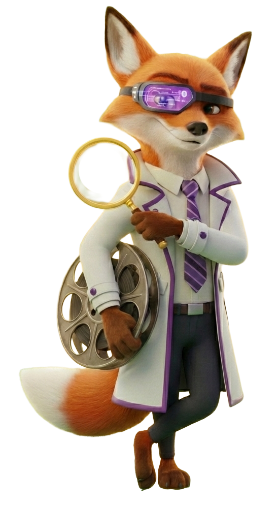 Cinefox standing with his magnifying glass, and a movie reel. Throwing you a smirky look.