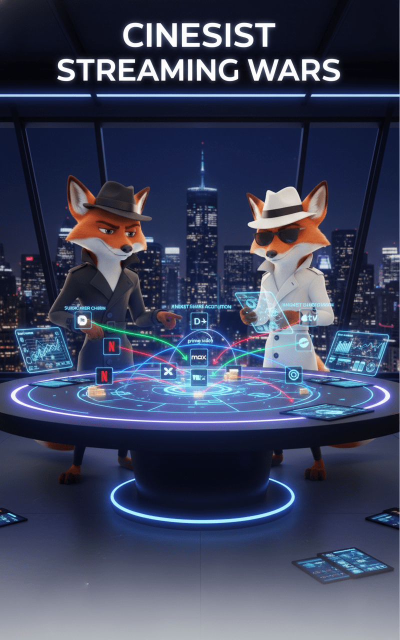 White Spy and Black Spy Cinefox are standing around a futuristic war table that has all the streaming platforms as game pieces, showing tactical movements, and moves in a Cityscape background. Used to represent the Streaming Wars Category on Cinesist.com