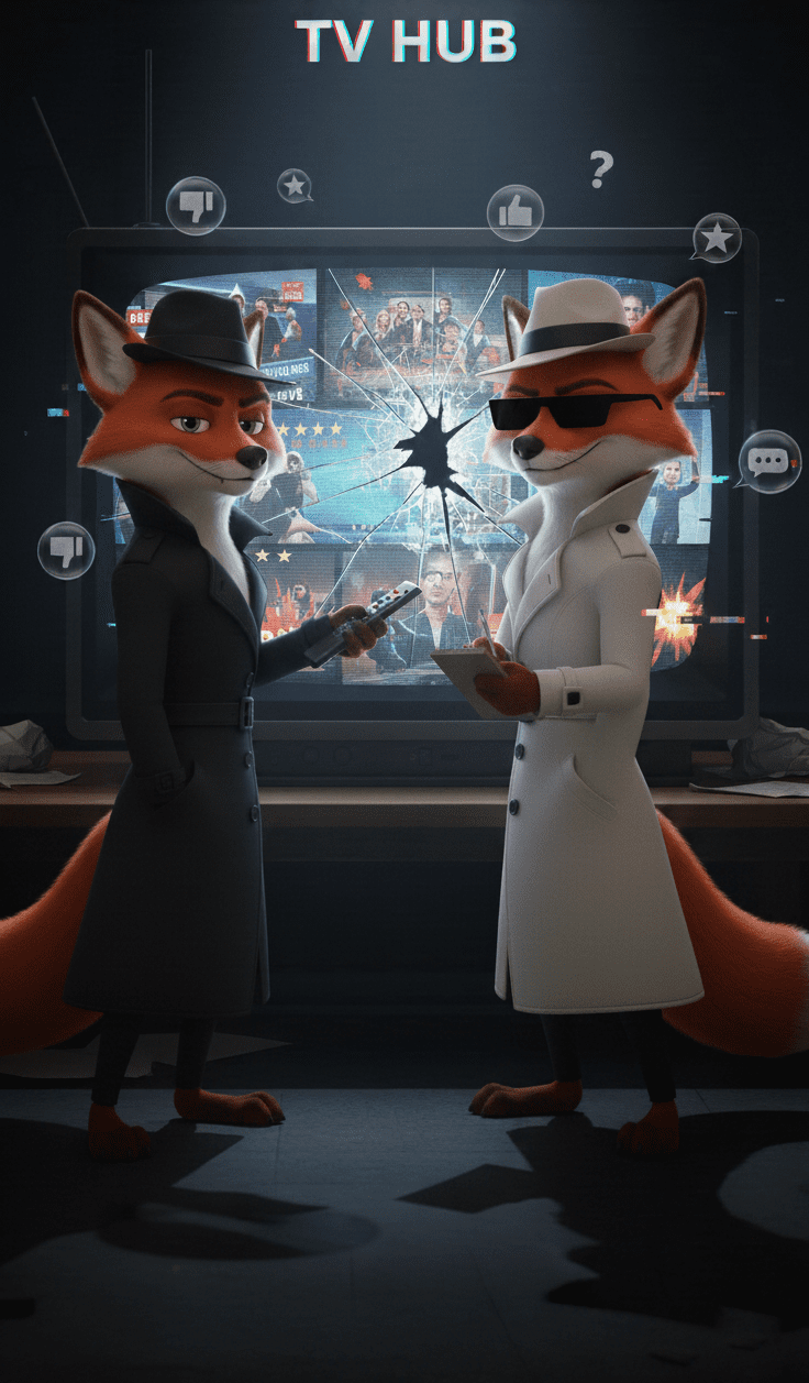 White Spy Cinefox taking notes, and Black Spy Cinefox flipping through the many different TV channels. The Characteres are standing in front of a segmented glitched out TV screen. Used to represent the TV Hub on Cinesist.com