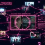 A digital "red string" conspiracy board connecting various glowing movie frames, with a pink cyber-hacker HUD (Heads Up Display) locked onto a specific, magnified freeze-frame.