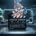 A pristine cinematic clapperboard with a glowing DNA double-helix constructed entirely out of 35mm film strips.