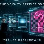 A glowing, holographic storyboard floating in a dark room, where the final panel is an illuminated, neon-pink question mark with a cyber-noir chess board where the pieces are glowing episodic monitors.