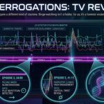 A digital lie-detector (polygraph) spiking erratically with a sleek, neon-purple video scrubbing timeline with critical "nodes" magnified for analysis.