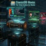 Endless rows of heavy, metallic film canisters levitating above tactical scanning plinths. A holographic projection above each canister displays its metadata—budget, cast, and a glowing or glitching Cinescore based on its quality.