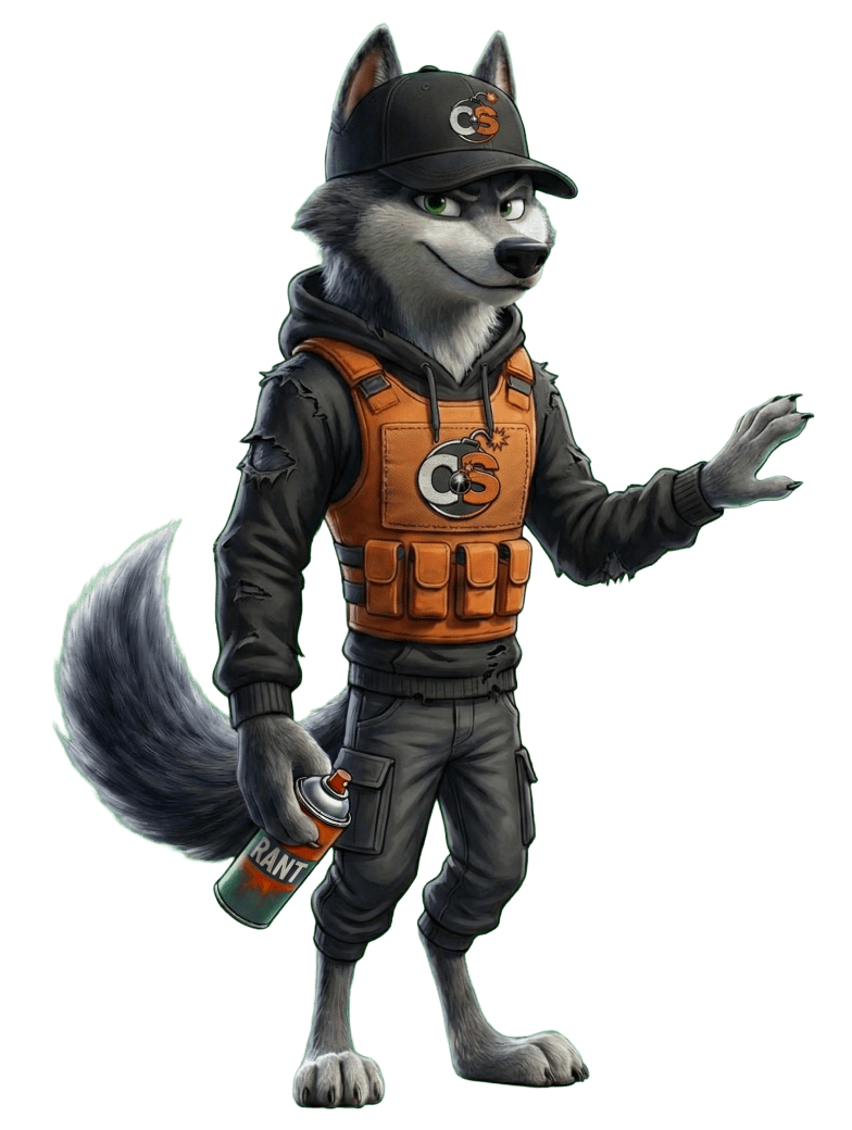 Cipher is reaching out for the next spot to spray paint with a Rant. He is showing you a very mischeivious grin