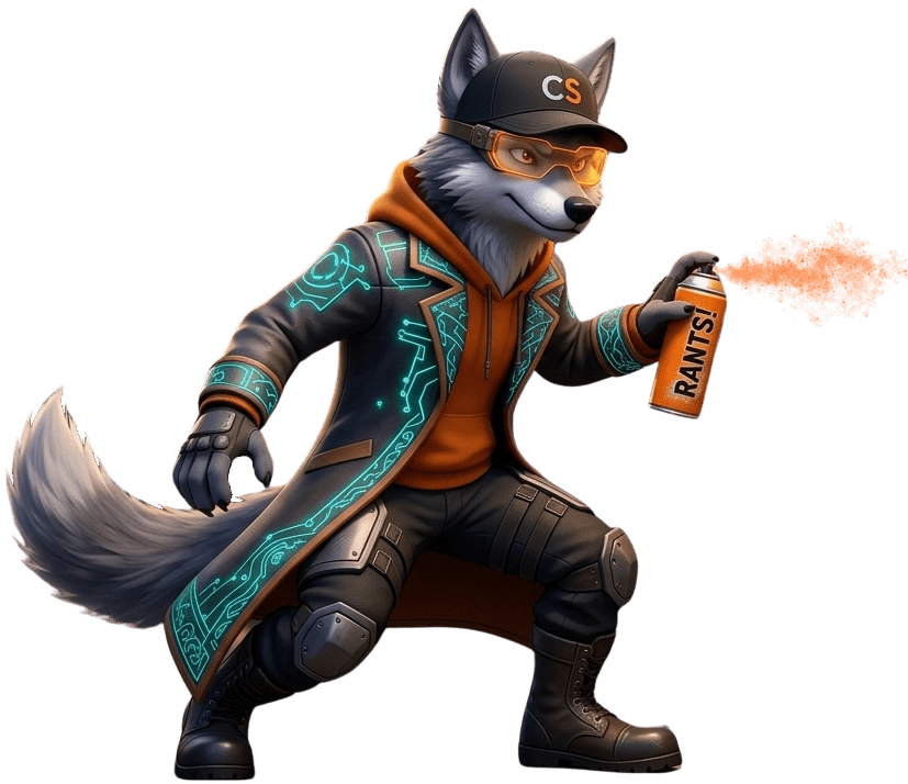 Cipher actively spray-painting a surface with an orange can thats labeled "RANTS!"