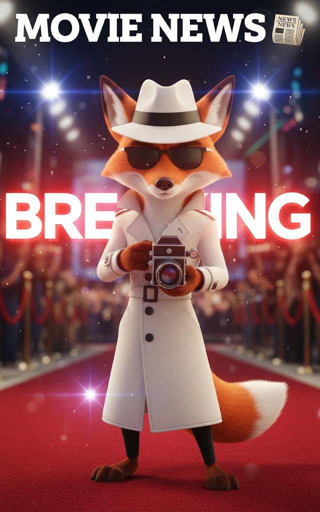 White Spy Cinefox standing on the Red Carpet with this Vintage Movie Camera with all the Paparazzi, and Breaking in the background. Used to represent Movie News Category on Cinesist.com