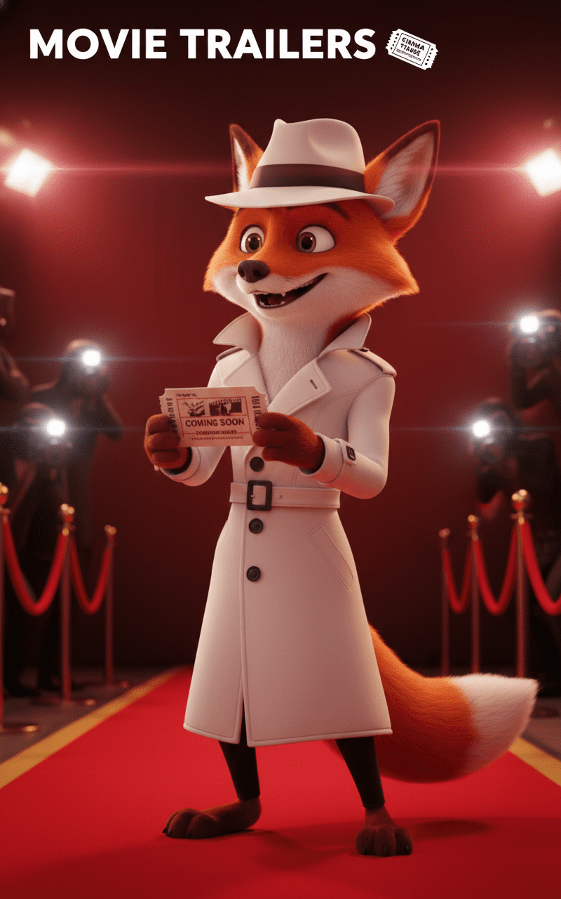 White Spy Cinefox, excitingly standing on the red carpet surrounded by paparazzi and holding his coming soon movie ticket. As he is waiting for the next coming soon trailer. Used to represent the Movie Trailers Category on Cinesist.com