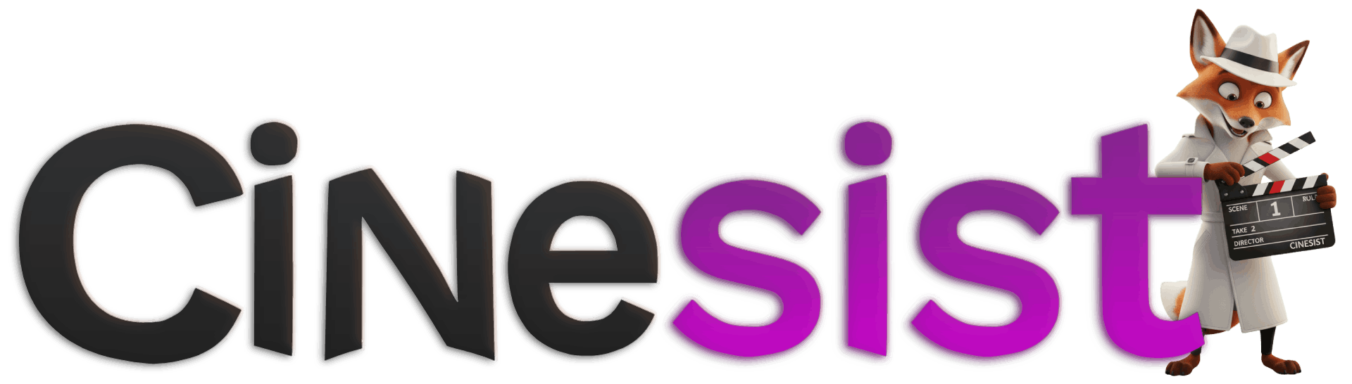 The Cinesist Light Mode Logo. It comes equipped with White Spy Cinefox, Black "Cine" lettering and purple "sist" lettering to spell out Cinesist. Custom made by Cinesist.