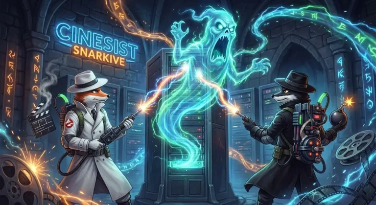 Fantasy-styled illustration for the 'Cinesist Log Day 1' blog post. The image features CineFox ('The Inquisitor') and Cipher ('The Disruptor') dressed as paranormal investigators, crossing energy streams to zap a digital ghost emerging from a server tower. The scene is lit with neon blues and oranges, featuring floating magical runes, film reels, and the Cinesist Snarkive words in the background.