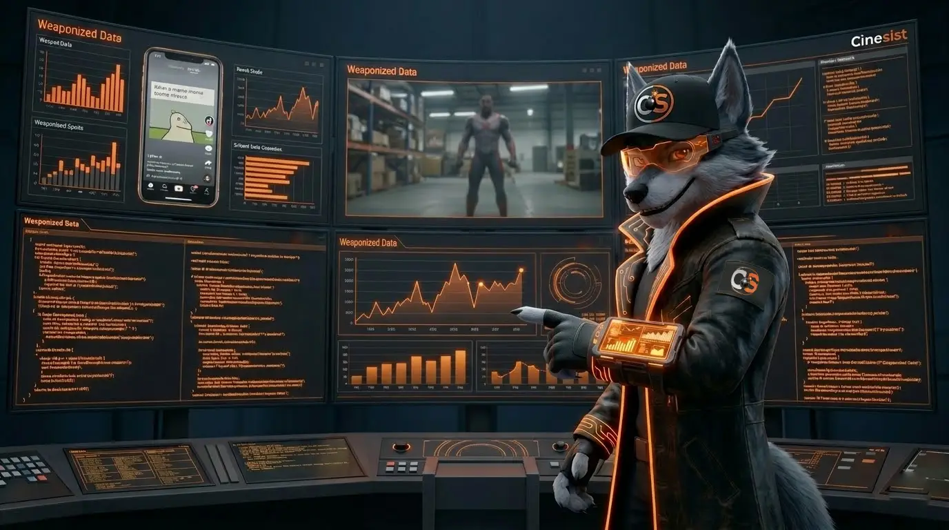 A high-resolution 3D render from a side profile of Cipher, a grey and white anthropomorphic werewolf. He wears a textured black hacker trench coat with glowing neon orange circuitry trim and a black Cinesist 'CS' baseball cap. He is standing in a dimly lit data center, looking at a massive curved wall of multi-panel monitors filled with glowing orange graphs, data visualizations, and scrolling text. Cipher’s right hand is extended, pointing directly with a gloved index finger at a specific graph showing an audience discrepancy metric on the center-left screen. His wrist-mounted holodata pad is visible and glowing on his forearm, showing a real-time data siphon interface. Other prominent screens display a blurry scene from the target movie, Wonder Man, and a smartphone interface displaying short-form video feed, both explicitly labeled: 'SYSTEM FLAW: COGNITIVE BYPASS'. The environment is high-tech, tactical, and focused on information declassification. The standard Cinesist wordmark is in the top-right corner.