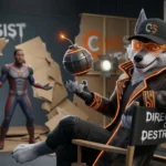A detailed 3D render of (Me)Cipher, a furry gray werewolf in my weathered hacker trench coat with orange circuitry and a Cinesist cap, holding a glowing bomb while I'm smirking in a Hollywood studio that I defaced and destroyed. A blurry actor (Yahya Abdul-Mateen II) as Wonder Man stands in the background amidst rubble.