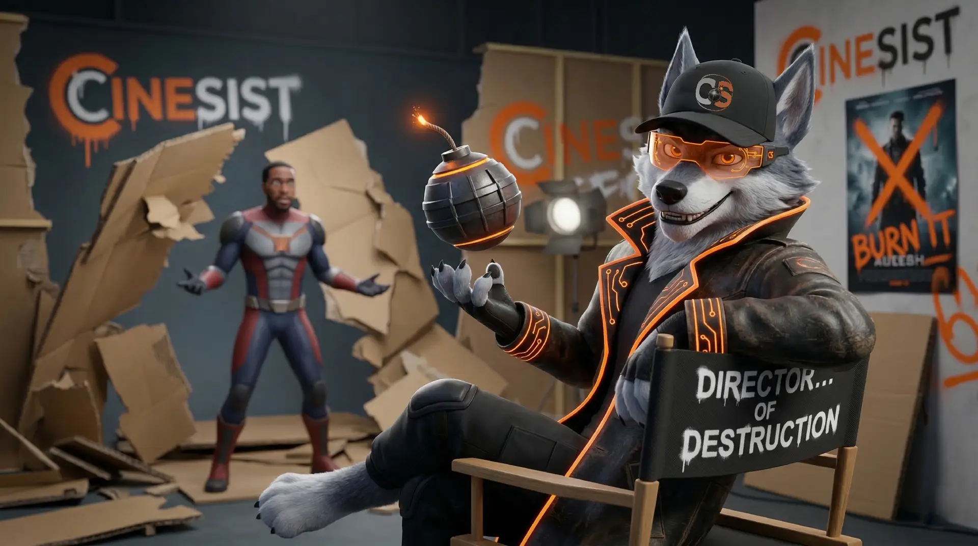 A detailed 3D render of (Me)Cipher, a furry gray werewolf in my weathered hacker trench coat with orange circuitry and a Cinesist cap, holding a glowing bomb while I'm smirking in a Hollywood studio that I defaced and destroyed. A blurry actor (Yahya Abdul-Mateen II) as Wonder Man stands in the background amidst rubble.
