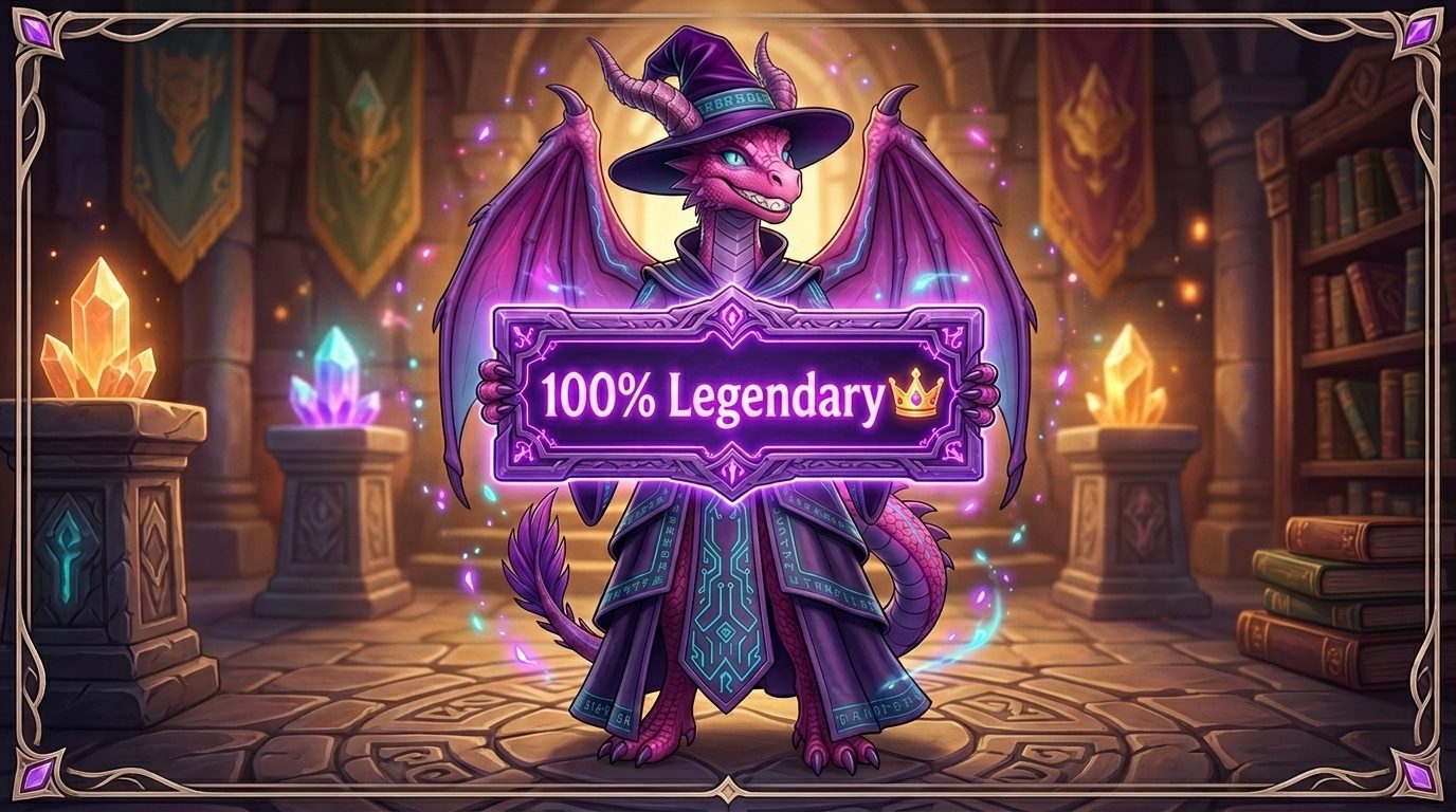 Arkahna, a 3D-animated pink and purple dragon sorceress wearing weathered purple robes and a wizard hat, stands confidently in a mystical temple. She holds a glowing, ornate purple plaque in front of her that displays the text "100% Legendary" with a small gold crown icon. Glowing blue and orange crystals rest on stone pedestals in the background, and the scene is framed with a magical border.
