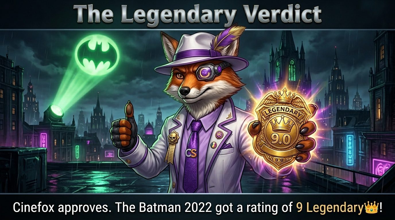 Cinefox the Inquisitor holding a glowing golden 9.0 rating badge.
