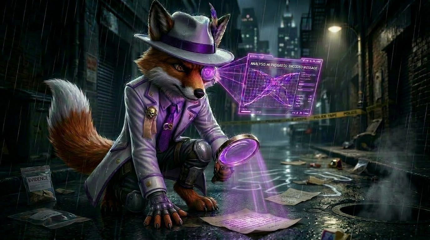 Cinefox the Inquisitor analyzing a cipher on parchment in a dark, rainy alleyway.