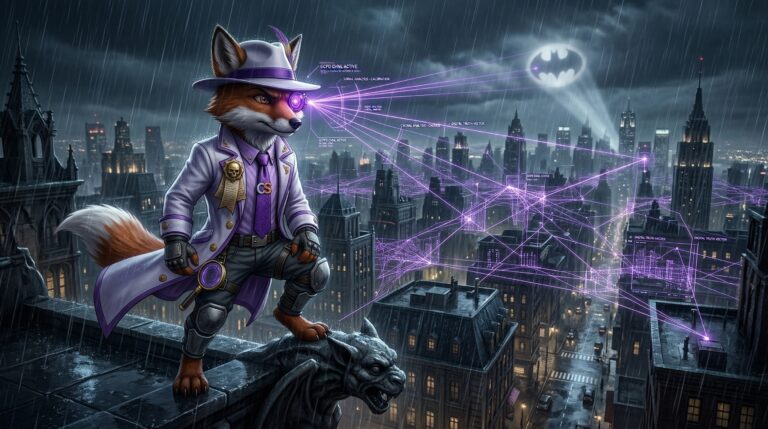Cinefox using his Nuero lens to link to Gothams entire data-stream. Neuro linking every piece of data Gotham City has.