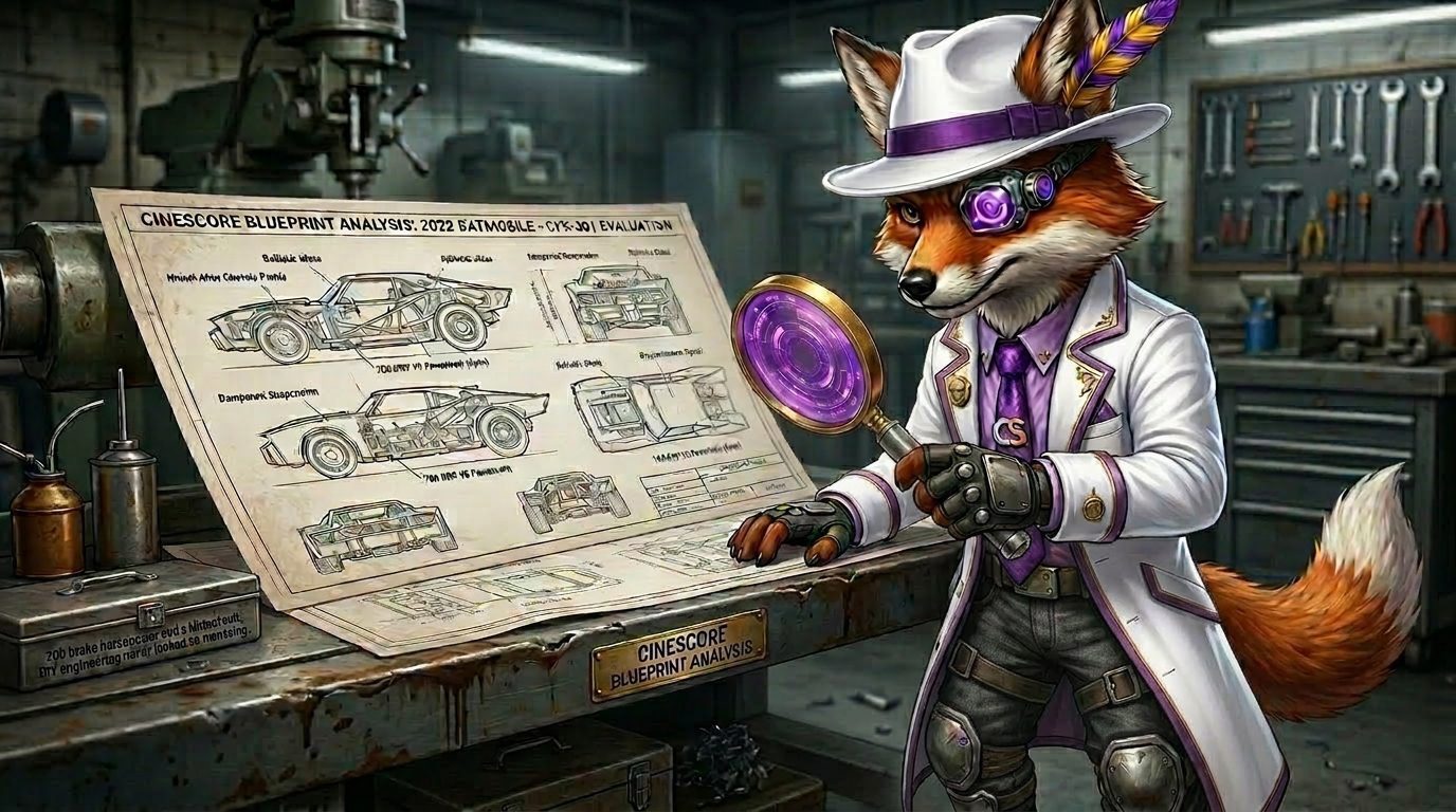 Cinefox inspecting the technical specifications of the new Batmobile with a purple magnifying glass.