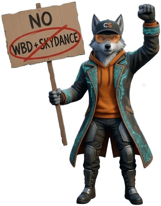 Cipher standing up and protesting the WBD and Skydance Merger. He is holding a sign in one hand "NO WBD + Skydance" and has his other fist in the air