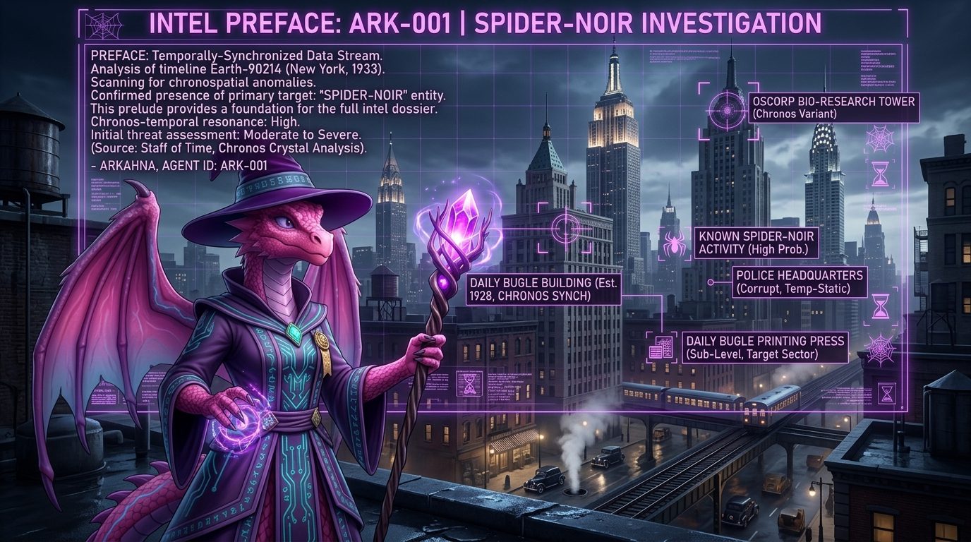 A high-end 3D-animated digital illustration of Arkahna the dragon sorceress in her cyber-gilded robes and wizard hat. She stands in a 1930s New York City environment, holding her crystal-topped Staff of Time. A large purple holographic HUD (Head-Up Display) overlay titled "INTEL PREFACE: ARK-001 | SPIDER-NOIR INVESTIGATION" highlights various landmarks like the Daily Bugle and Oscorp Bio-Research Tower with technical scan data.