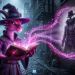 Arkahna, a 3D animated pink and purple dragon sorceress wearing a weathered wizard hat and robes, stands in a rainy, monochromatic 1930s NYC alleyway. She holds her glowing Tome of Knowledge and casts a spell, projecting a mystical, monochromatic image of Nicolas Cage as Spider-Noir (with fedora and suit) onto a brick wall. The perspective is wide and cinematic.