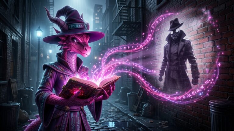 Arkahna, a 3D animated pink and purple dragon sorceress wearing a weathered wizard hat and robes, stands in a rainy, monochromatic 1930s NYC alleyway. She holds her glowing Tome of Knowledge and casts a spell, projecting a mystical, monochromatic image of Nicolas Cage as Spider-Noir (with fedora and suit) onto a brick wall. The perspective is wide and cinematic.
