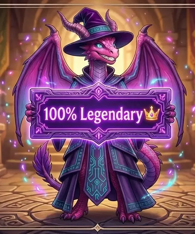 Arkahna, a 3D-animated pink and purple dragon sorceress wearing weathered purple robes and a wizard hat, stands confidently in a mystical temple. She holds a glowing, ornate purple plaque in front of her that displays the text "100% Legendary" with a small gold crown icon. Glowing blue and orange crystals rest on stone pedestals in the background, and the scene is framed with a magical border.
