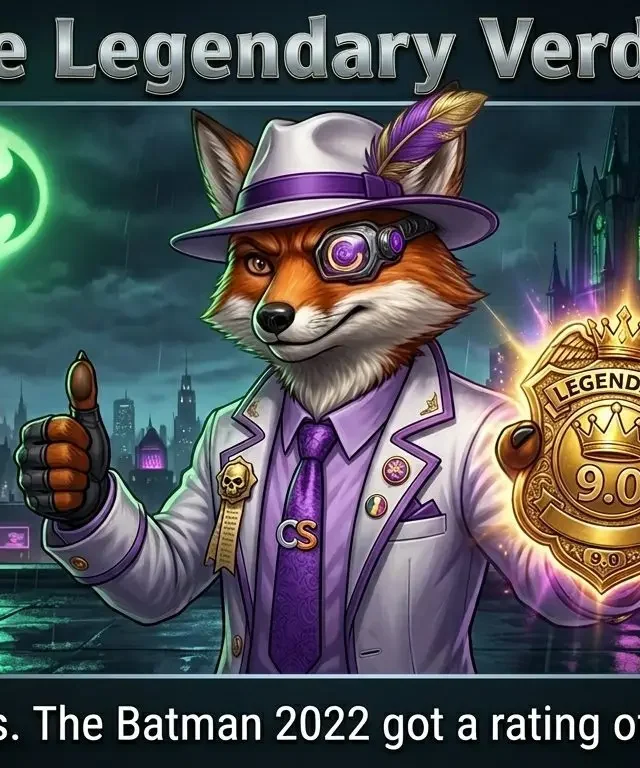 Cinefox the Inquisitor holding a glowing golden 9.0 rating badge.