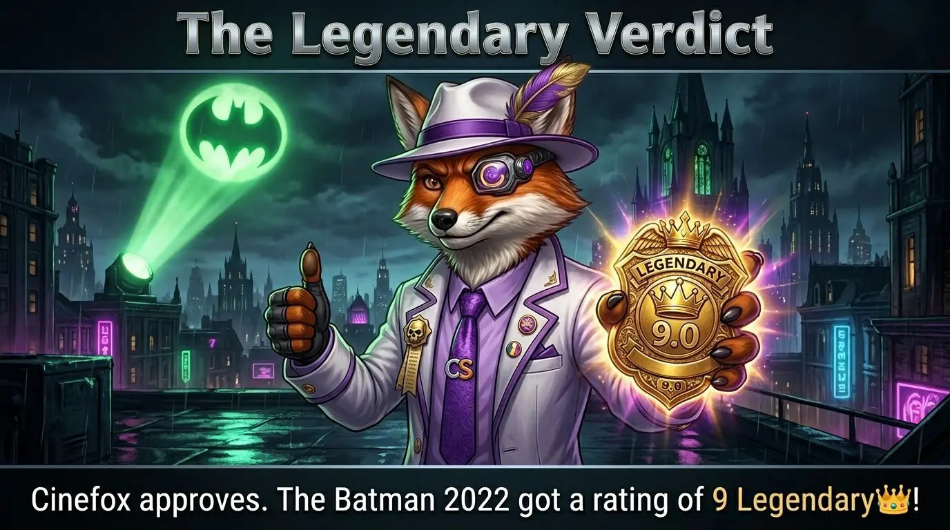 Cinefox the Inquisitor holding a glowing golden 9.0 rating badge.