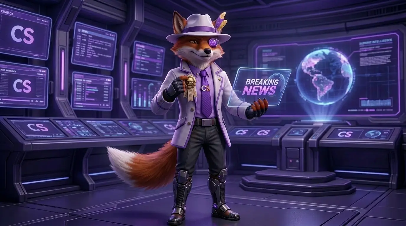 A 3D-animated anthropomorphic fox (Cinefox) wearing a white fedora and trench coat, holding a glowing digital sign that says "BREAKING NEWS" in purple text. He looks sophisticated and articulate, adjusting his lapel pin with a smirk.