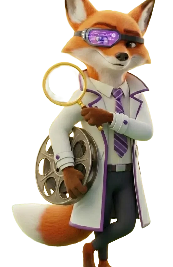 Cinefox standing with his magnifying glass, and a movie reel. Throwing you a smirky look.