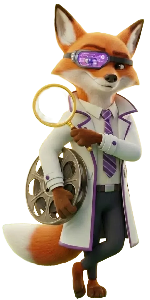 Cinefox standing with his magnifying glass, and a movie reel. Throwing you a smirky look.