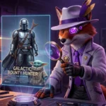 3D-animated anthropomorphic fox (Cinefox) wearing a white trench coat, fedora, and a purple tie. He has a glowing purple cybernetic eye scouter and is using a magnifying glass to investigate a holographic Star Wars movie poster in a high-tech lab.