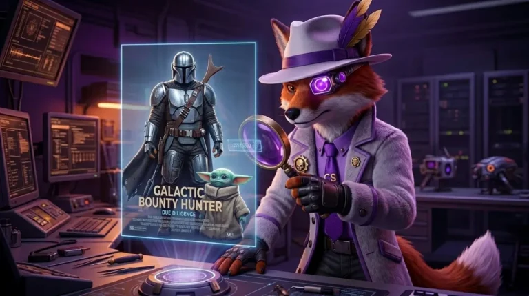 3D-animated anthropomorphic fox (Cinefox) wearing a white trench coat, fedora, and a purple tie. He has a glowing purple cybernetic eye scouter and is using a magnifying glass to investigate a holographic Star Wars movie poster in a high-tech lab.