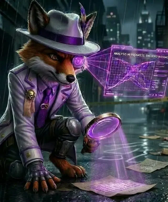 Cinefox the Inquisitor analyzing a cipher on parchment in a dark, rainy alleyway.
