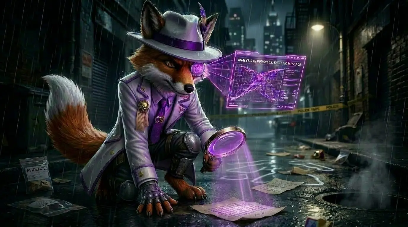 Cinefox the Inquisitor analyzing a cipher on parchment in a dark, rainy alleyway.