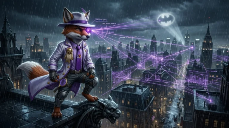 Cinefox using his Nuero lens to link to Gothams entire data-stream. Neuro linking every piece of data Gotham City has.