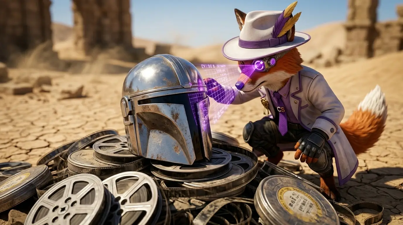 A 3D-animated anthropomorphic fox (Cinefox) wearing a white trench coat and fedora, using a glowing purple eye scouter to scan a weathered, realistic Mandalorian helmet resting on a pile of discarded 35mm film reels.