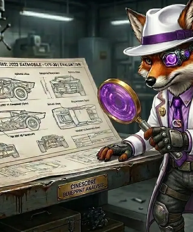 Cinefox inspecting the technical specifications of the new Batmobile with a purple magnifying glass.