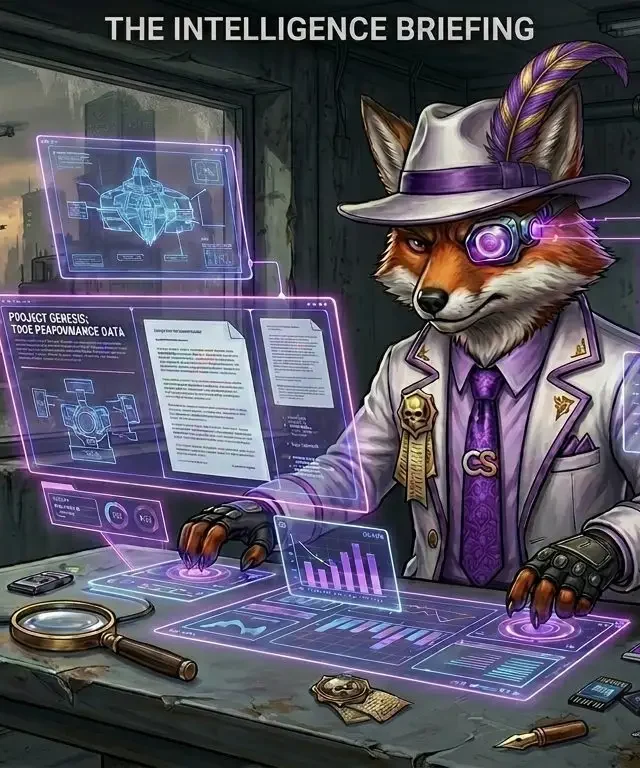Cinefox analyzing data on holographic screens in a dystopian office. Title: The Intelligence Briefing Caption: Data doesn't lie, but marketing does. Cinefox sifts through the corporate noise to find the truth.