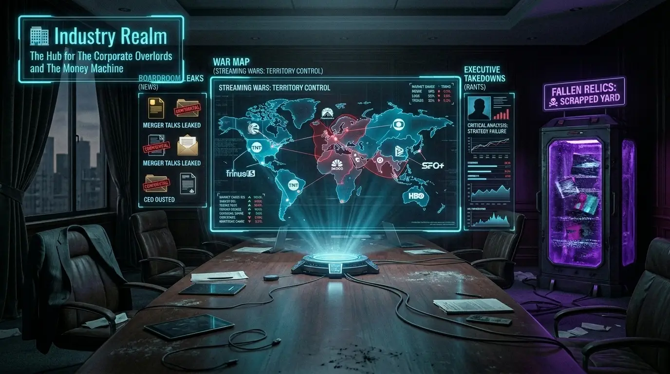 A sleek, high-tech holographic war table set inside an abandoned, dimly lit corporate boardroom. The hologram displays a tactical, glowing map of the "Streaming Wars" with territories marked by different corporate logos. Off to the side, a "Fallen Relics" stasis pod glows menacingly.