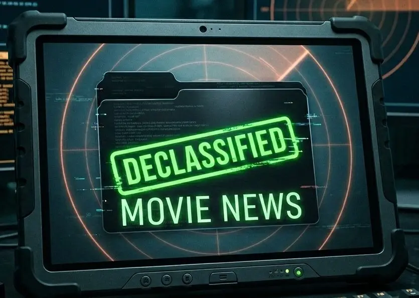 A Image of a Laptop with a folder stamped with "Declassified" and the Category Label "Movie News"