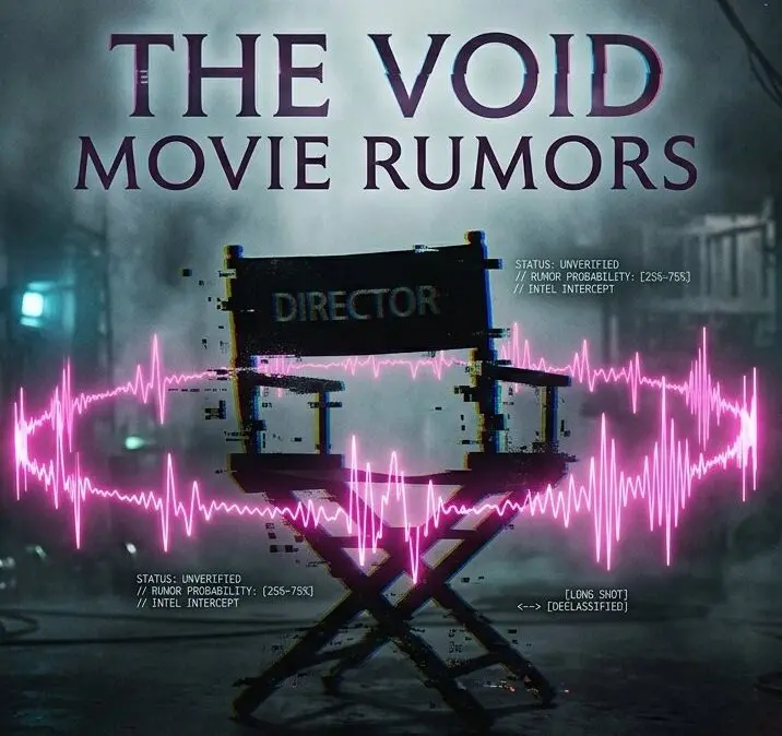A heavily shadowed, glitching silhouette of a director's chair, with a neon-pink "audio waveform" intercept floating in a dark, foggy movie set.