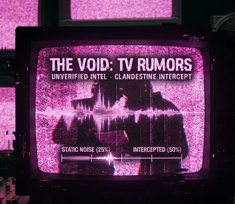 A heavily shadowed, glitching silhouette of a television screen drowning in neon-pink "snow" (static), or a glowing waveform of a distorted whisper.